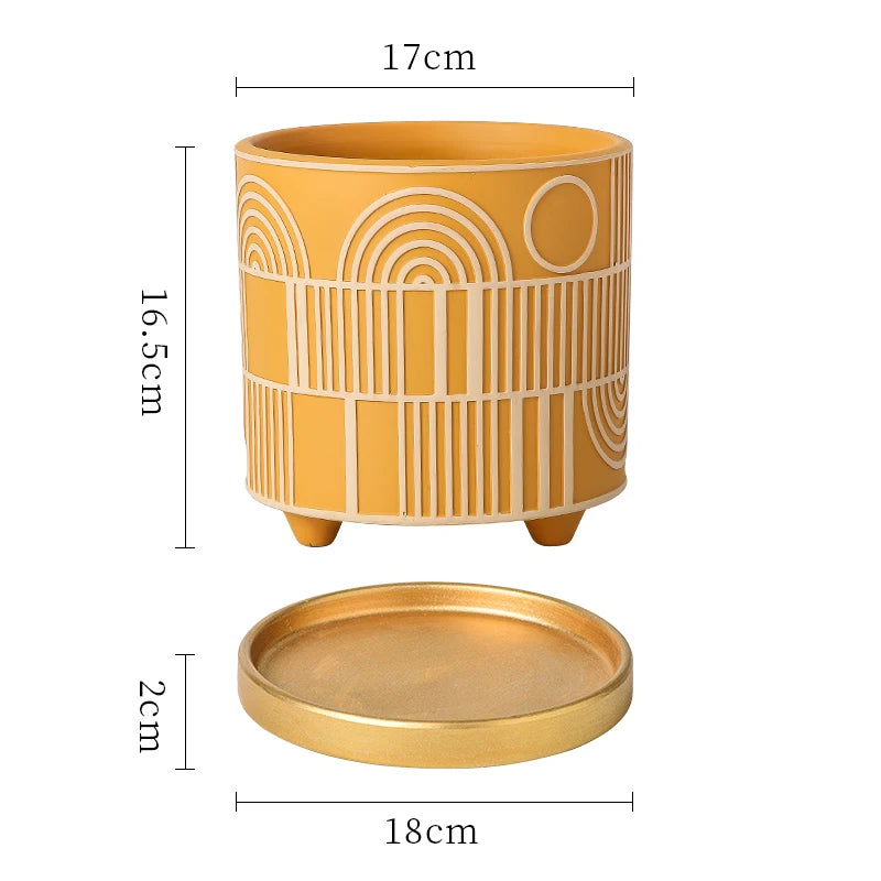Simple Cylindrical Ceramic Flower Pot Succulent Plant Potted Garden Decoration Interior Countertop Flower Pot with Golden Tray