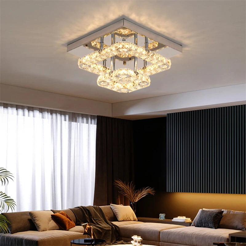 Modern LED Crystal Chandelier Lighting Mirror Rings  Ceiling Lamp for Living Room Kitchen Luminaire Home Decor Light Fixture