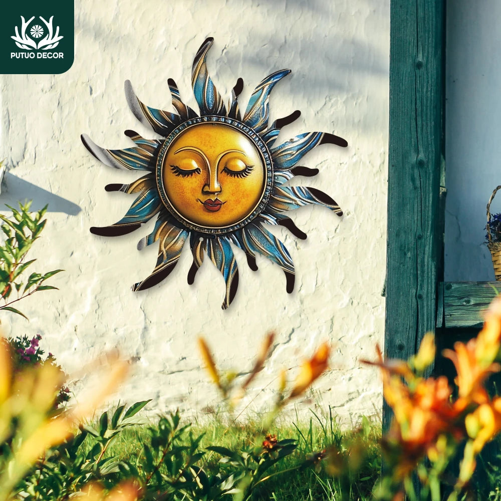 Putuo Decor 1pc Sun Shaped Metal Sign Outdoor Plaque Decoration, Outdoor Wall Art Decor for Home Farmhouse Garden Backyard, Gift
