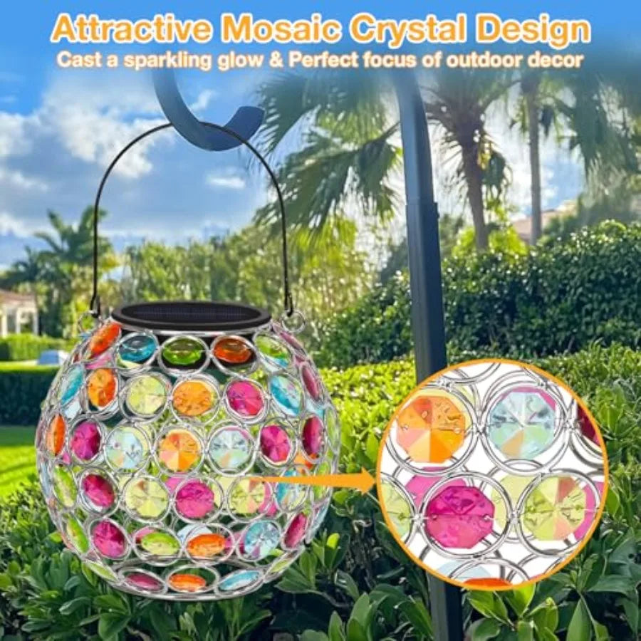 2 Pack Crystal Mosaic Solar Lanterns Outdoor Waterproof Decorative Hanging Solar Lights for Outside Gifts for Women Mom Grandma