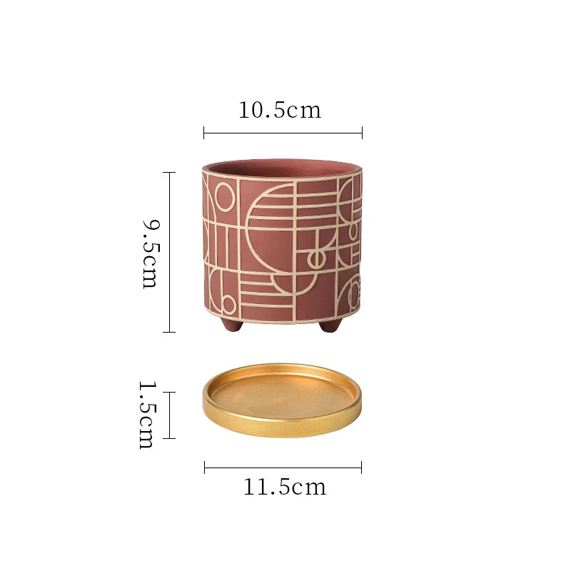 Simple Cylindrical Ceramic Flower Pot Succulent Plant Potted Garden Decoration Interior Countertop Flower Pot with Golden Tray