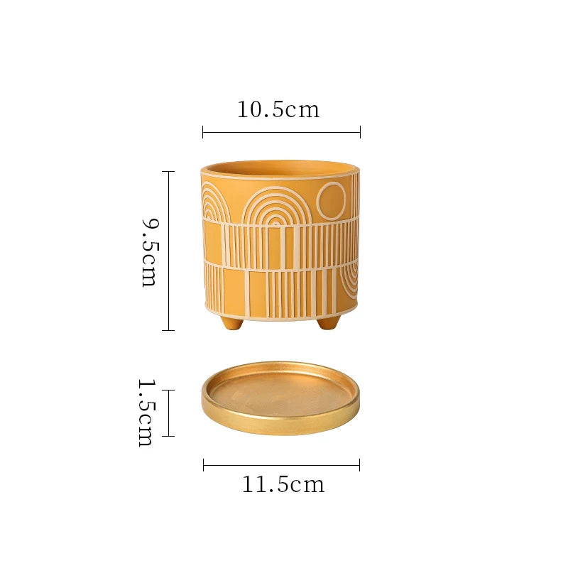 Simple Cylindrical Ceramic Flower Pot Succulent Plant Potted Garden Decoration Interior Countertop Flower Pot with Golden Tray