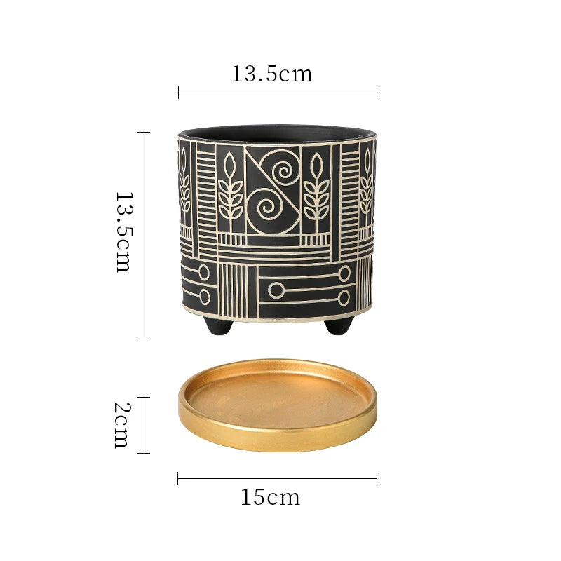 Simple Cylindrical Ceramic Flower Pot Succulent Plant Potted Garden Decoration Interior Countertop Flower Pot with Golden Tray