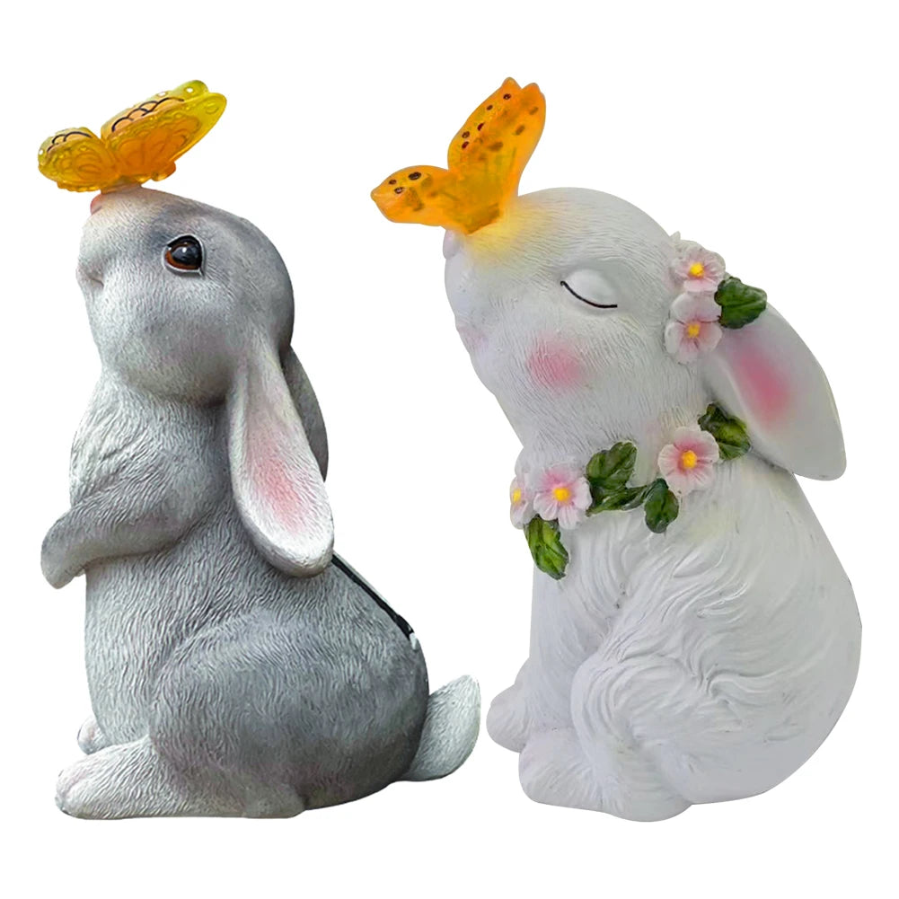 Solar Rabbit Light Rabbits Sculptures Light Waterproof Cute Rabbit Figurine Resin Cartoon for Outdoor Garden Decor