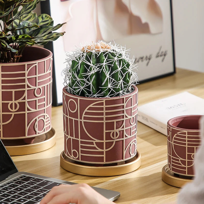Simple Cylindrical Ceramic Flower Pot Succulent Plant Potted Garden Decoration Interior Countertop Flower Pot with Golden Tray