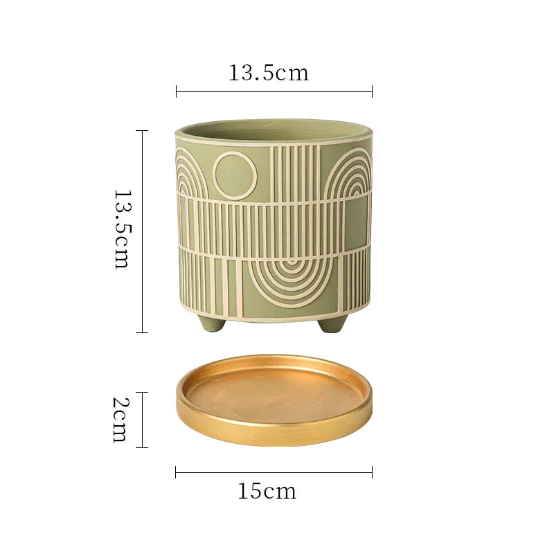 Simple Cylindrical Ceramic Flower Pot Succulent Plant Potted Garden Decoration Interior Countertop Flower Pot with Golden Tray
