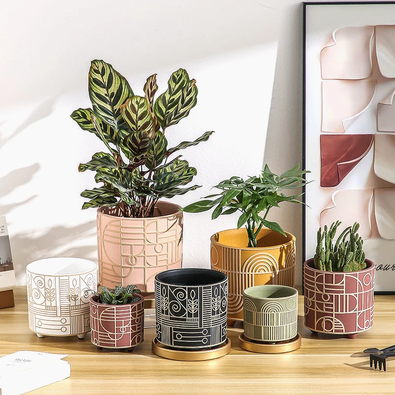 Simple Cylindrical Ceramic Flower Pot Succulent Plant Potted Garden Decoration Interior Countertop Flower Pot with Golden Tray