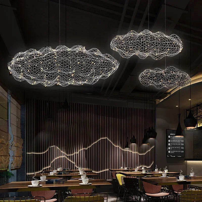 Danish Designer Pendant Lights LED Iron Mesh Cloud Chandeliers Staircase Industrial Loft Ceiling Lamps Corridor for Living Room