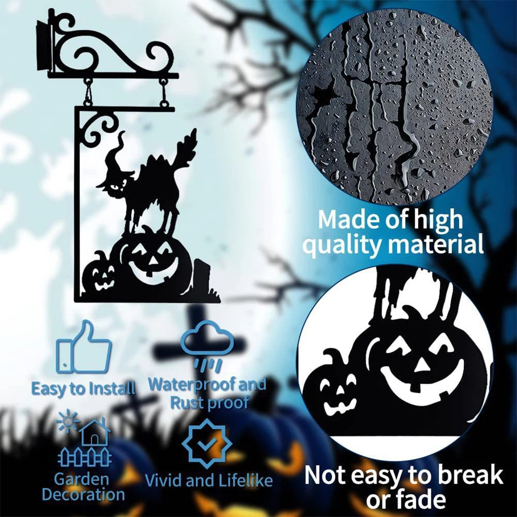 Classic Witch Silhouette Metal Garden Sign – Durable And Exquisite Craft Holes And Nails Corner Sign Cat