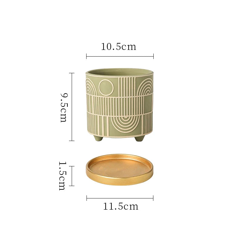 Simple Cylindrical Ceramic Flower Pot Succulent Plant Potted Garden Decoration Interior Countertop Flower Pot with Golden Tray