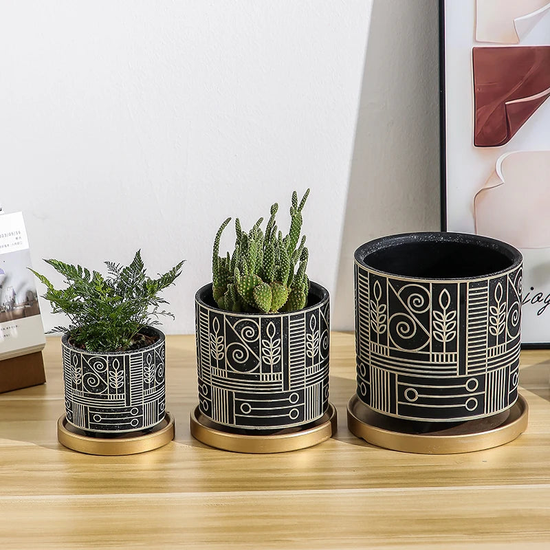 Simple Cylindrical Ceramic Flower Pot Succulent Plant Potted Garden Decoration Interior Countertop Flower Pot with Golden Tray