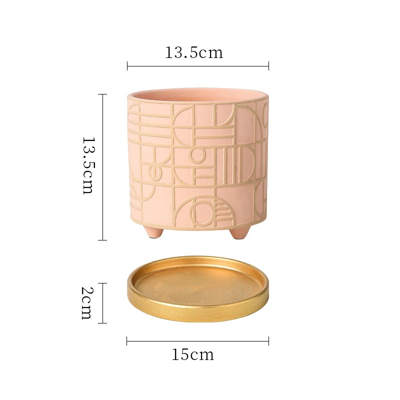 Simple Cylindrical Ceramic Flower Pot Succulent Plant Potted Garden Decoration Interior Countertop Flower Pot with Golden Tray