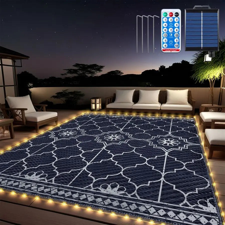 Outdoor Rug, Solar Powered Outdoor Rug with 113LEDs Strip Lights, Waterproof Plastic Reversible Outdoor Straw Rugs, Rugs Mat for