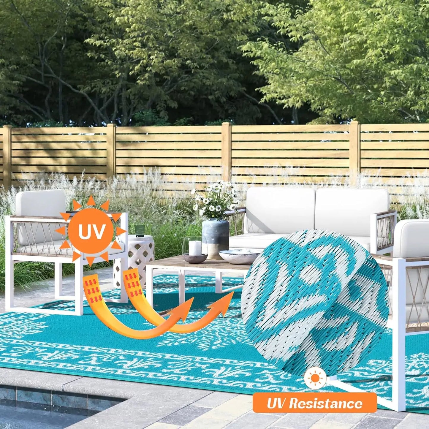8x10 Ft Waterproof Reversible Outdoor Rug, UV Resistant Portable Mat for Patio Deck Balcony RV Camping
