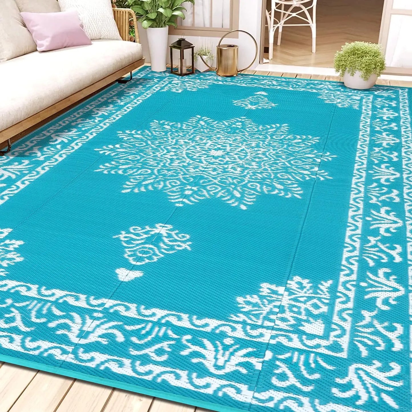 8x10 Ft Waterproof Reversible Outdoor Rug, UV Resistant Portable Mat for Patio Deck Balcony RV Camping