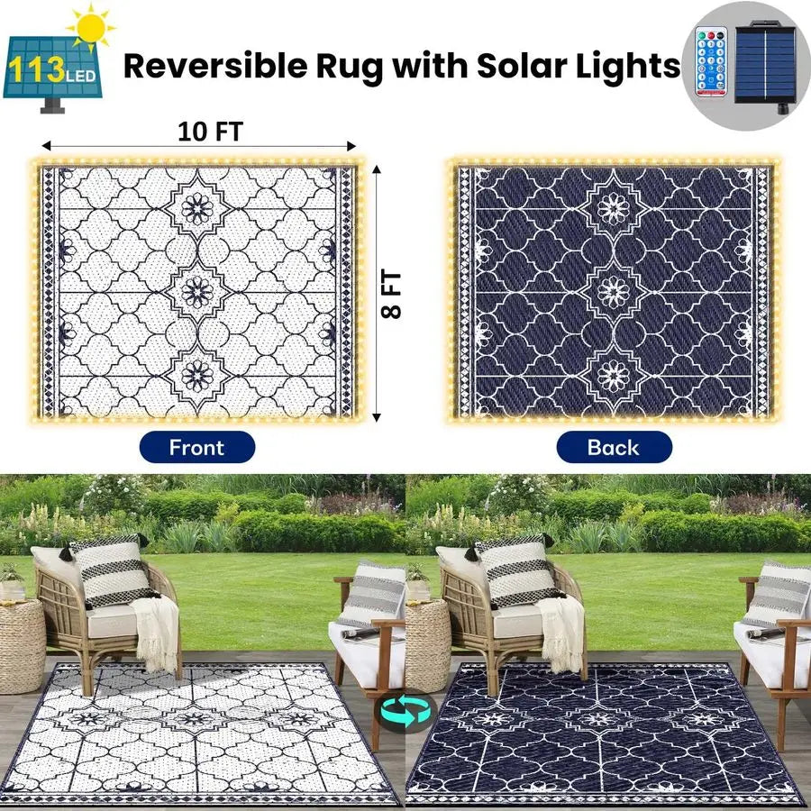 Outdoor Rug, Solar Powered Outdoor Rug with 113LEDs Strip Lights, Waterproof Plastic Reversible Outdoor Straw Rugs, Rugs Mat for