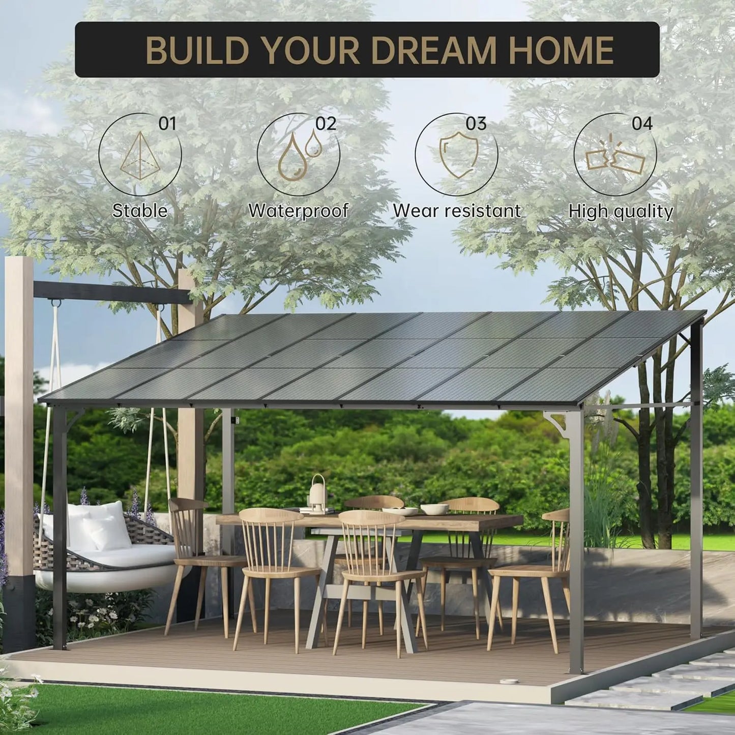 14x12 Hard Top Patio Gazebo Pergola Aluminum Frame Polycarbonate Roof UV-Resistant Wall-Mounted Large Deck Yard Party, Custom