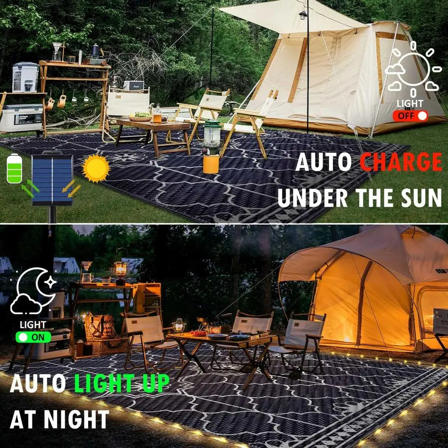 Outdoor Rug, Solar Powered Outdoor Rug with 113LEDs Strip Lights, Waterproof Plastic Reversible Outdoor Straw Rugs, Rugs Mat for