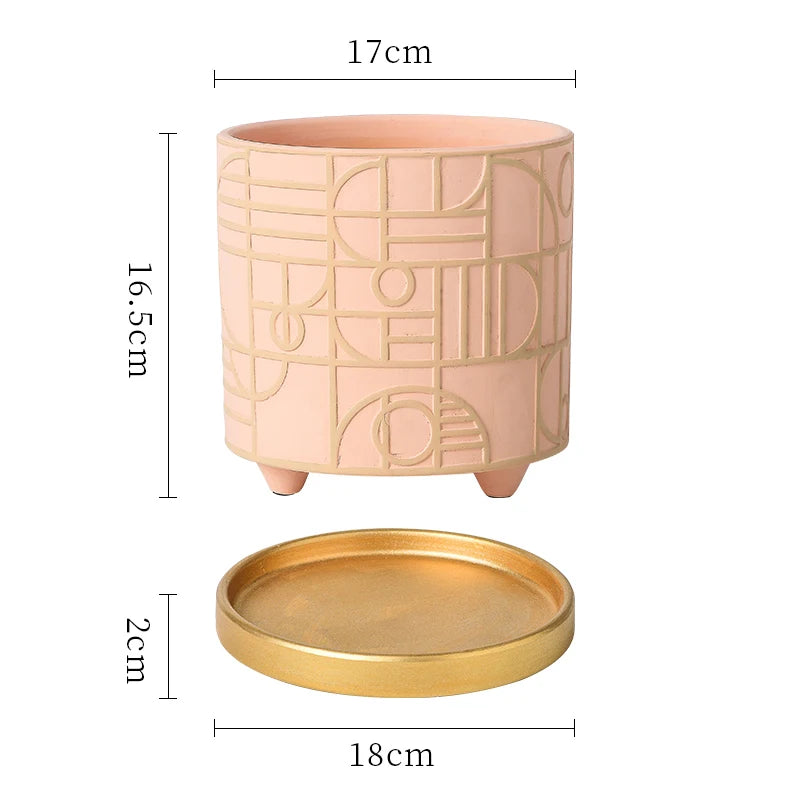 Simple Cylindrical Ceramic Flower Pot Succulent Plant Potted Garden Decoration Interior Countertop Flower Pot with Golden Tray