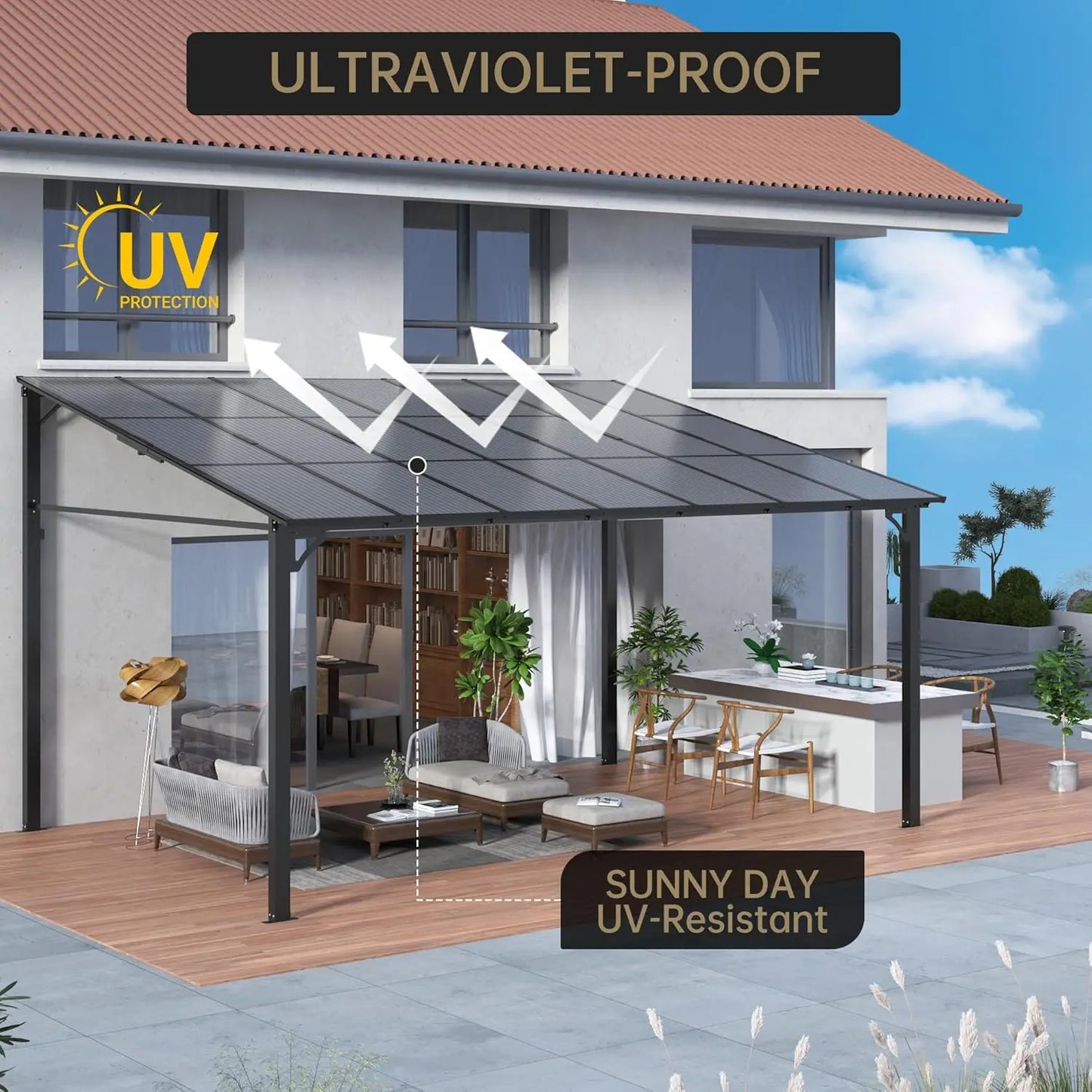 14x12 Hard Top Patio Gazebo Pergola Aluminum Frame Polycarbonate Roof UV-Resistant Wall-Mounted Large Deck Yard Party, Custom