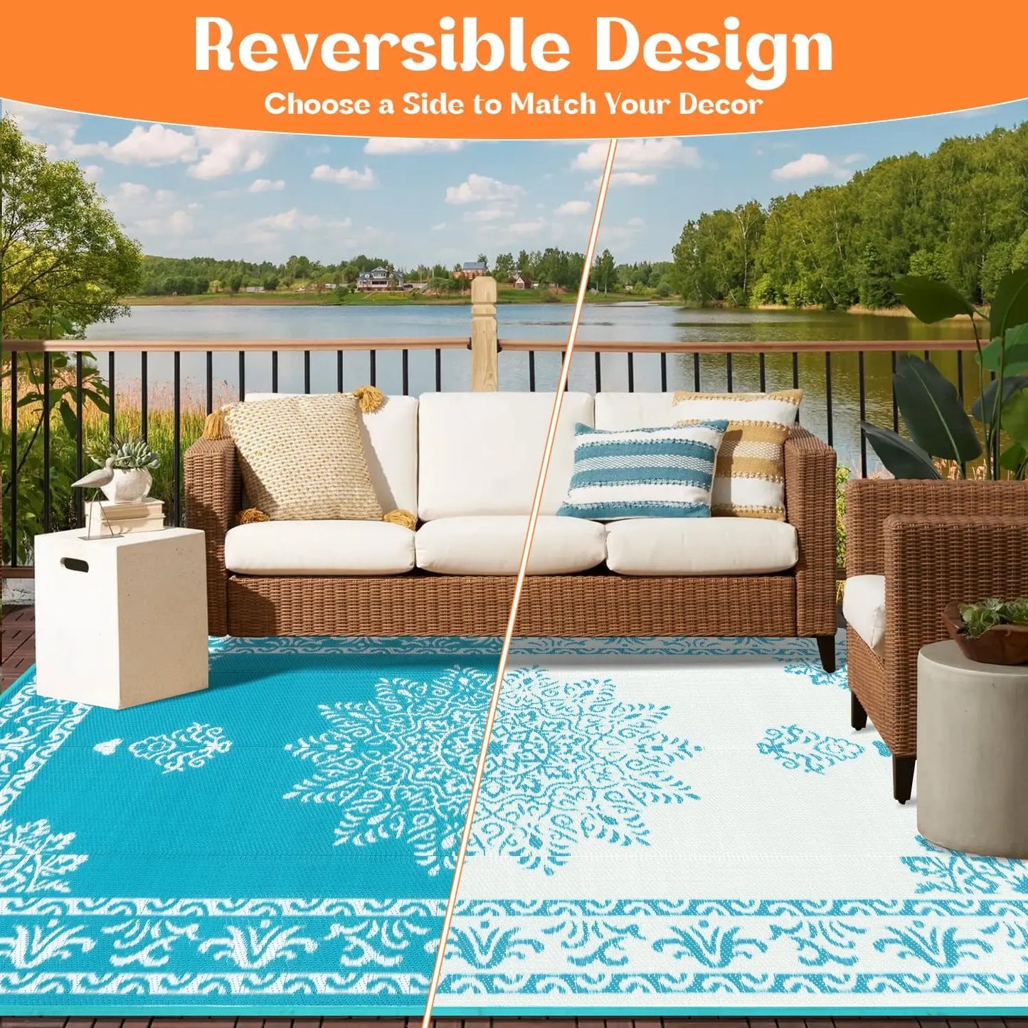 8x10 Ft Waterproof Reversible Outdoor Rug, UV Resistant Portable Mat for Patio Deck Balcony RV Camping