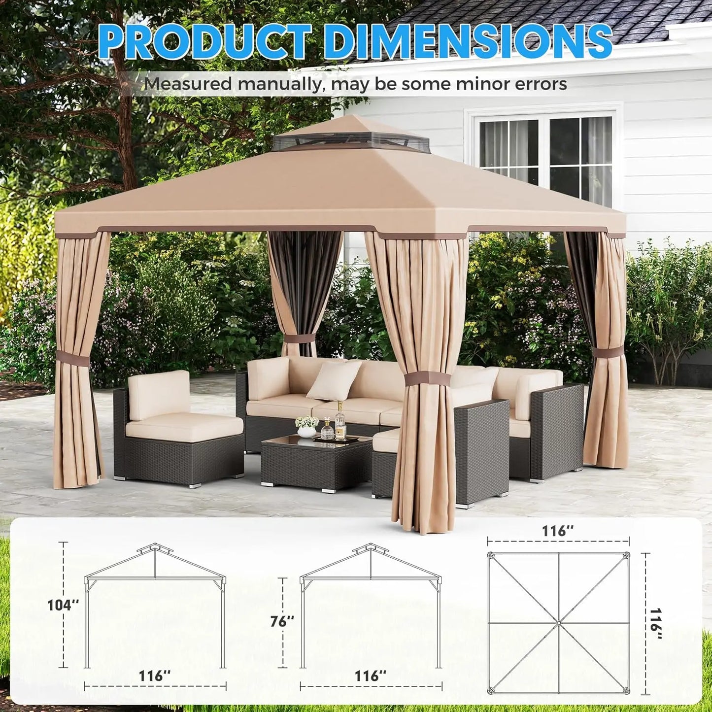 10 x 10 FT Outdoor Gazebo for Patio Iron Frame Garden Permanent Gazebo with Vented Soft Canopy and Mosquito, Customized