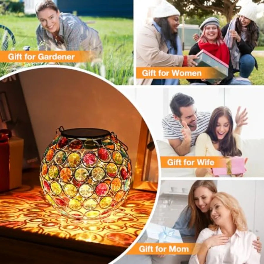 2 Pack Crystal Mosaic Solar Lanterns Outdoor Waterproof Decorative Hanging Solar Lights for Outside Gifts for Women Mom Grandma