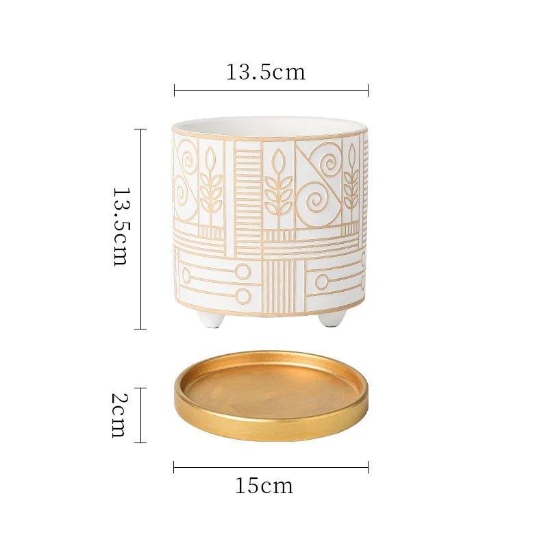 Simple Cylindrical Ceramic Flower Pot Succulent Plant Potted Garden Decoration Interior Countertop Flower Pot with Golden Tray