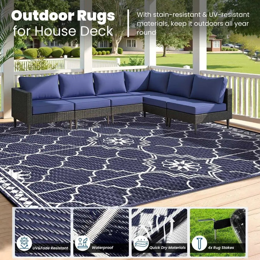 Outdoor Rug, Solar Powered Outdoor Rug with 113LEDs Strip Lights, Waterproof Plastic Reversible Outdoor Straw Rugs, Rugs Mat for