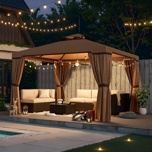 10 x 10 FT Outdoor Gazebo for Patio Iron Frame Garden Permanent Gazebo with Vented Soft Canopy and Mosquito, Customized