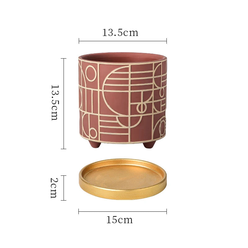 Simple Cylindrical Ceramic Flower Pot Succulent Plant Potted Garden Decoration Interior Countertop Flower Pot with Golden Tray