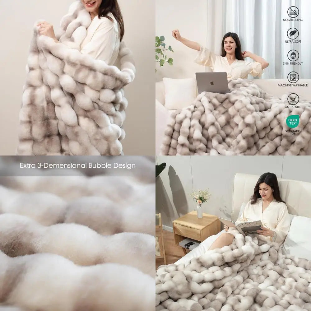 Luxury 1000GSM Oversized Plush Rabbit Faux Fur Blanket, Soft Cozy Throw for Couch, Bed, Living Room - Brown White, 60x80