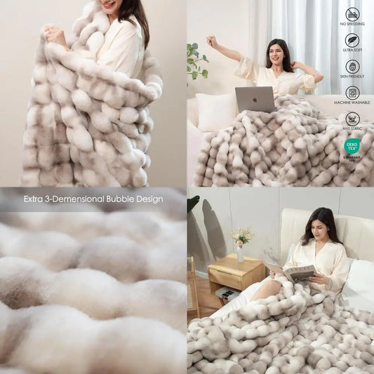 Luxury 1000GSM Oversized Plush Rabbit Faux Fur Blanket, Soft Cozy Throw for Couch, Bed, Living Room - Brown White, 60x80