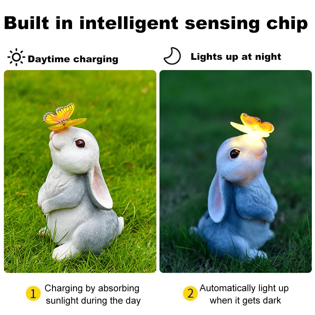 Solar Rabbit Light Rabbits Sculptures Light Waterproof Cute Rabbit Figurine Resin Cartoon for Outdoor Garden Decor