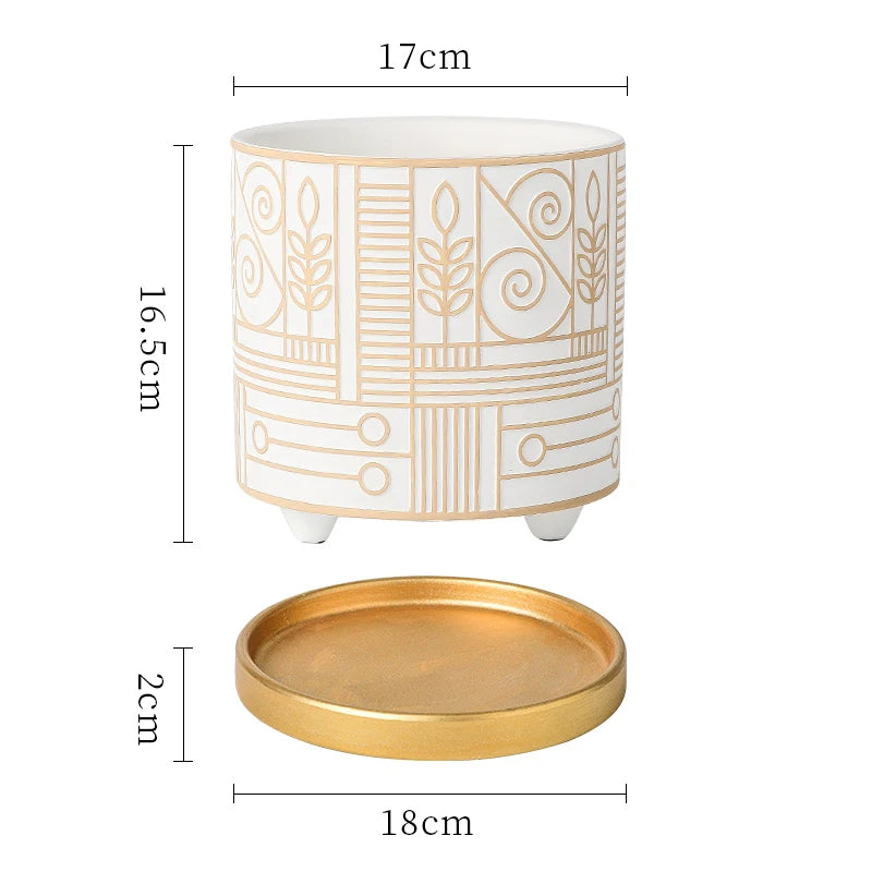 Simple Cylindrical Ceramic Flower Pot Succulent Plant Potted Garden Decoration Interior Countertop Flower Pot with Golden Tray