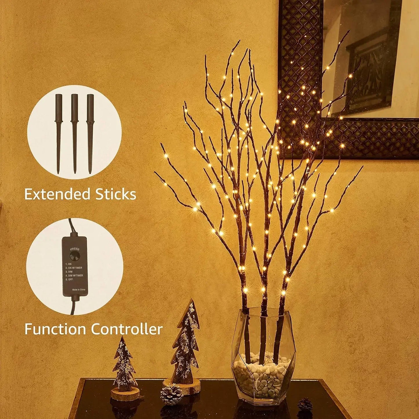 Lighted Twig Brown Branch with Fairy Lights 32in 150 LED Plug in Lighted Willow Branch for Christmas Wedding Party Decoration