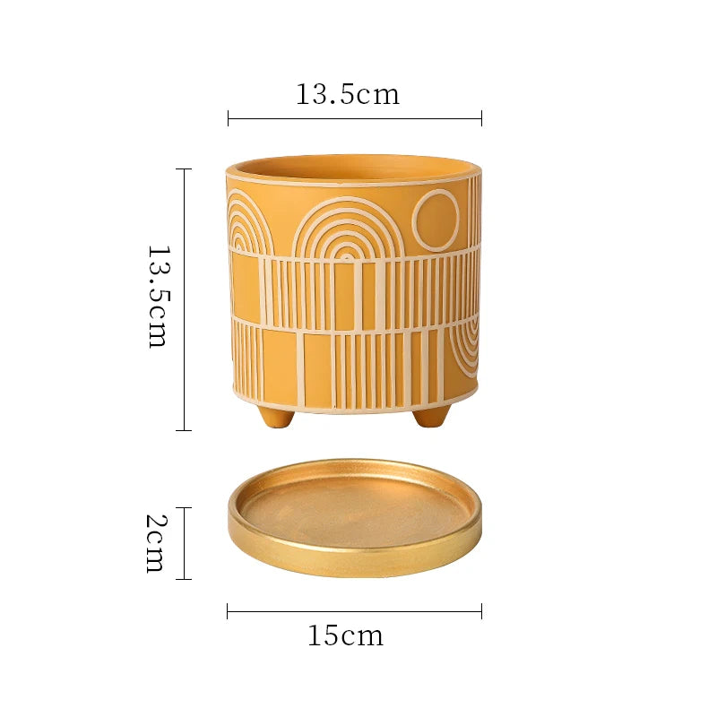 Simple Cylindrical Ceramic Flower Pot Succulent Plant Potted Garden Decoration Interior Countertop Flower Pot with Golden Tray