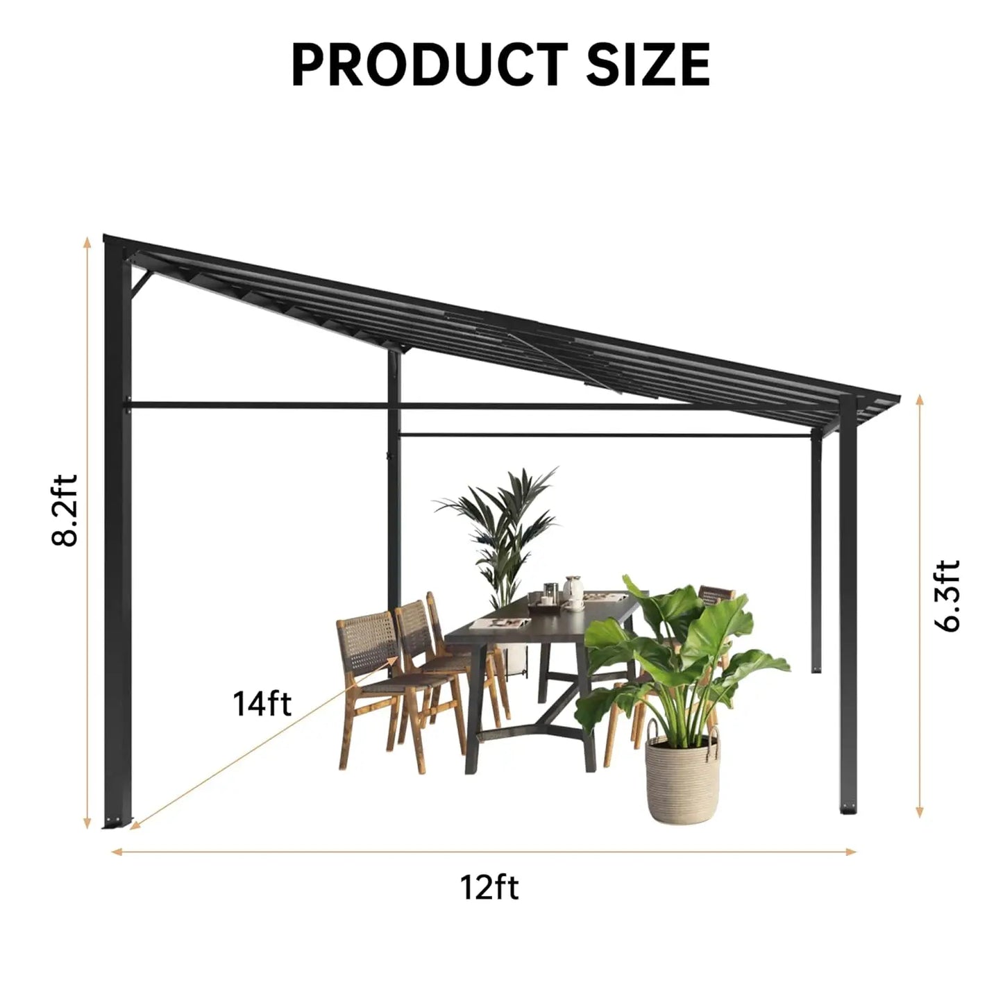 14x12 Hard Top Patio Gazebo Pergola Aluminum Frame Polycarbonate Roof UV-Resistant Wall-Mounted Large Deck Yard Party, Custom
