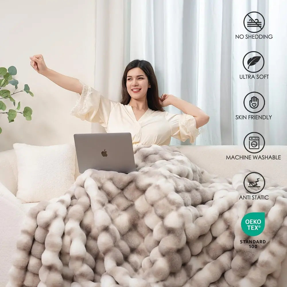 Luxury 1000GSM Oversized Plush Rabbit Faux Fur Blanket, Soft Cozy Throw for Couch, Bed, Living Room - Brown White, 60x80
