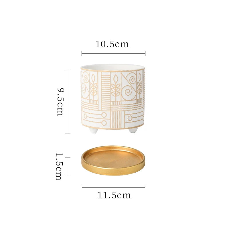 Simple Cylindrical Ceramic Flower Pot Succulent Plant Potted Garden Decoration Interior Countertop Flower Pot with Golden Tray