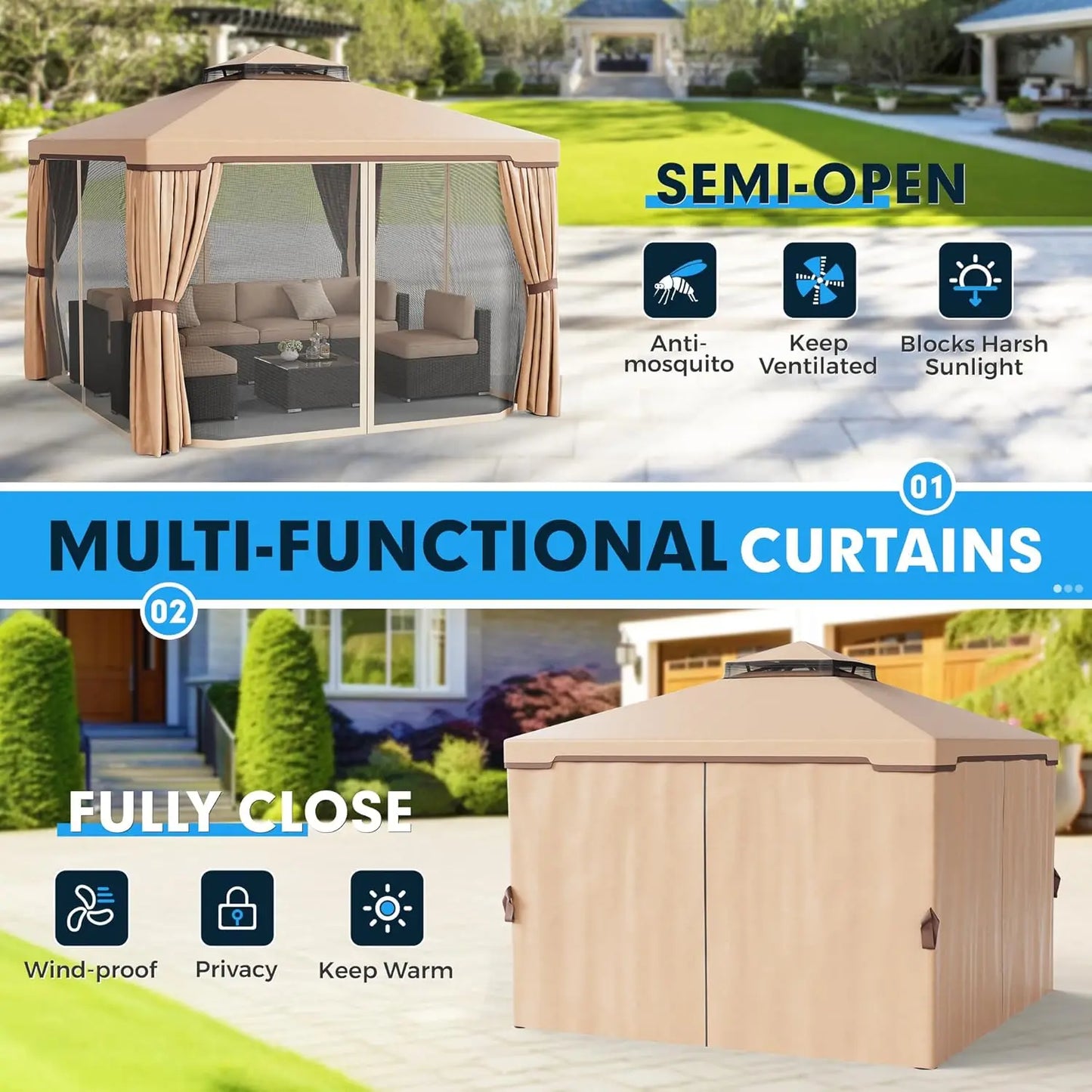 10 x 10 FT Outdoor Gazebo for Patio Iron Frame Garden Permanent Gazebo with Vented Soft Canopy and Mosquito, Customized