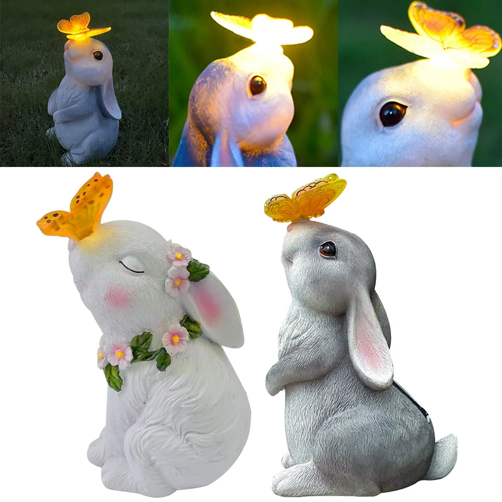 Solar Rabbit Light Rabbits Sculptures Light Waterproof Cute Rabbit Figurine Resin Cartoon for Outdoor Garden Decor