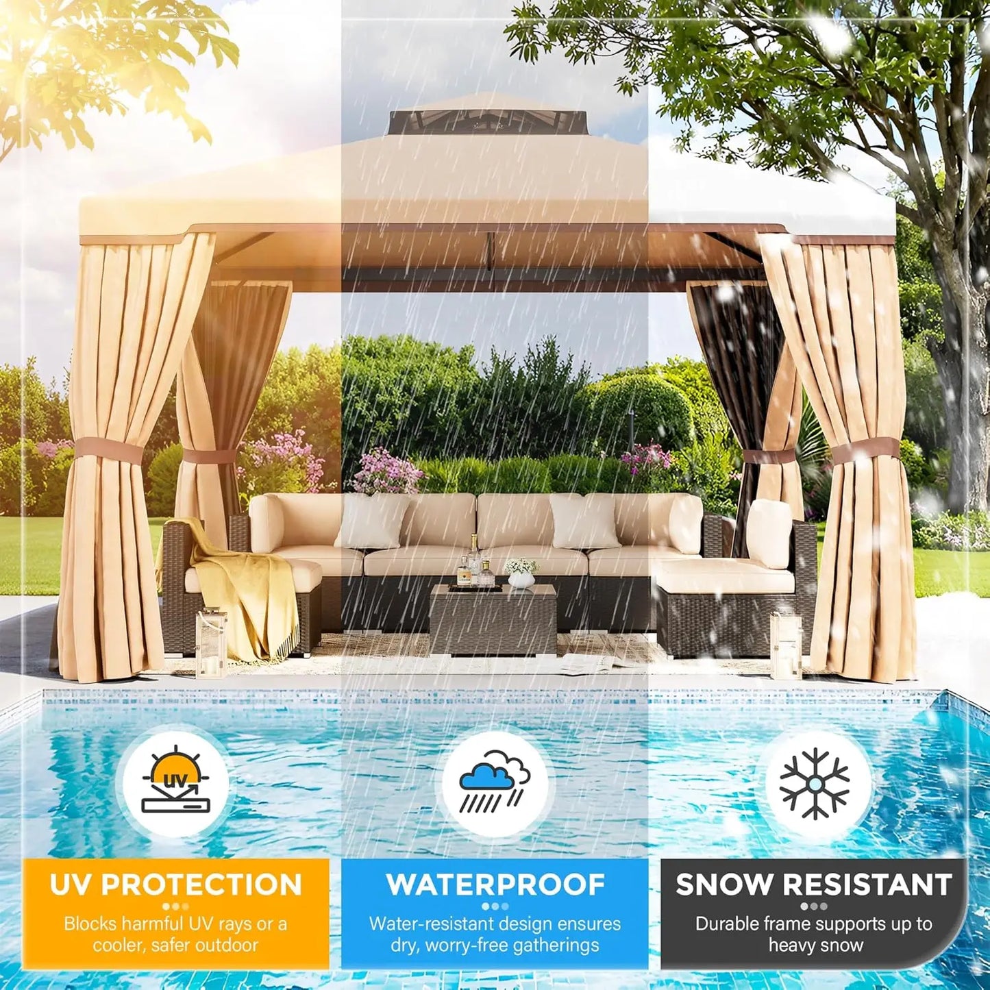 10 x 10 FT Outdoor Gazebo for Patio Iron Frame Garden Permanent Gazebo with Vented Soft Canopy and Mosquito, Customized
