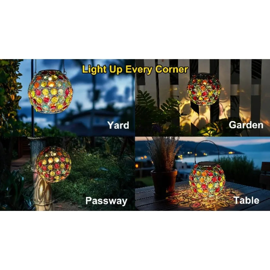 2 Pack Crystal Mosaic Solar Lanterns Outdoor Waterproof Decorative Hanging Solar Lights for Outside Gifts for Women Mom Grandma