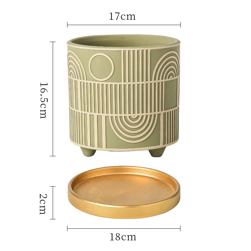 Simple Cylindrical Ceramic Flower Pot Succulent Plant Potted Garden Decoration Interior Countertop Flower Pot with Golden Tray