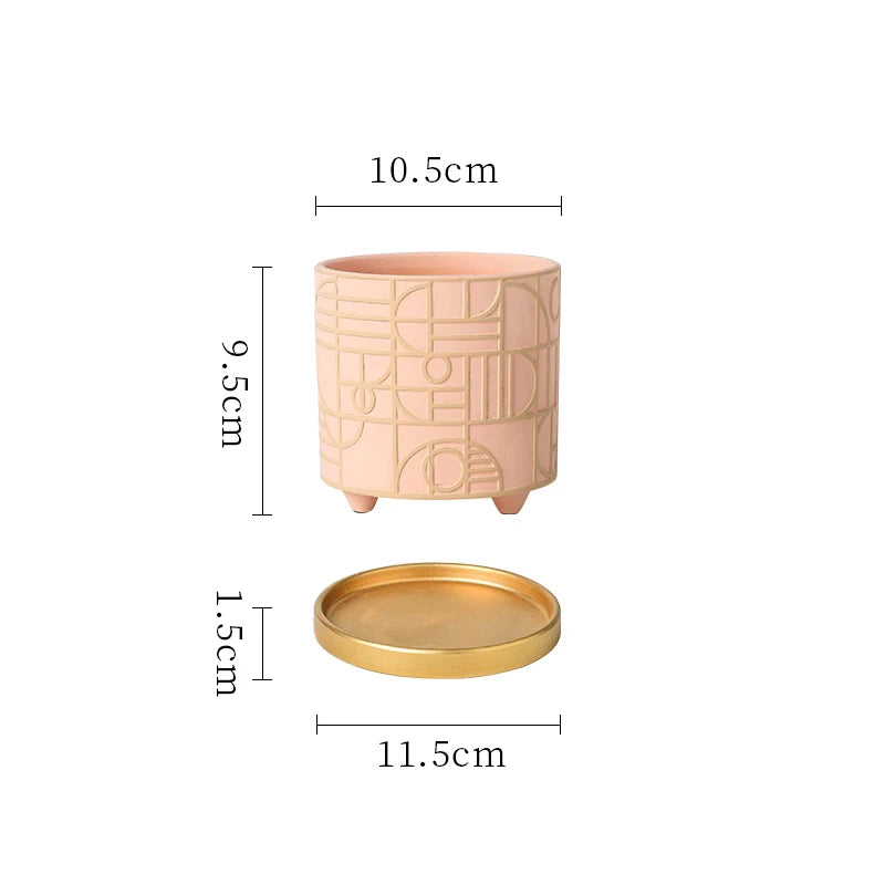 Simple Cylindrical Ceramic Flower Pot Succulent Plant Potted Garden Decoration Interior Countertop Flower Pot with Golden Tray