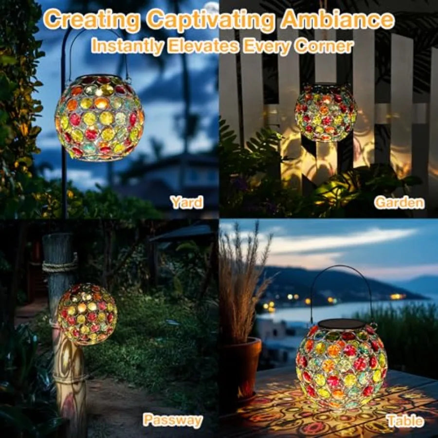 2 Pack Crystal Mosaic Solar Lanterns Outdoor Waterproof Decorative Hanging Solar Lights for Outside Gifts for Women Mom Grandma
