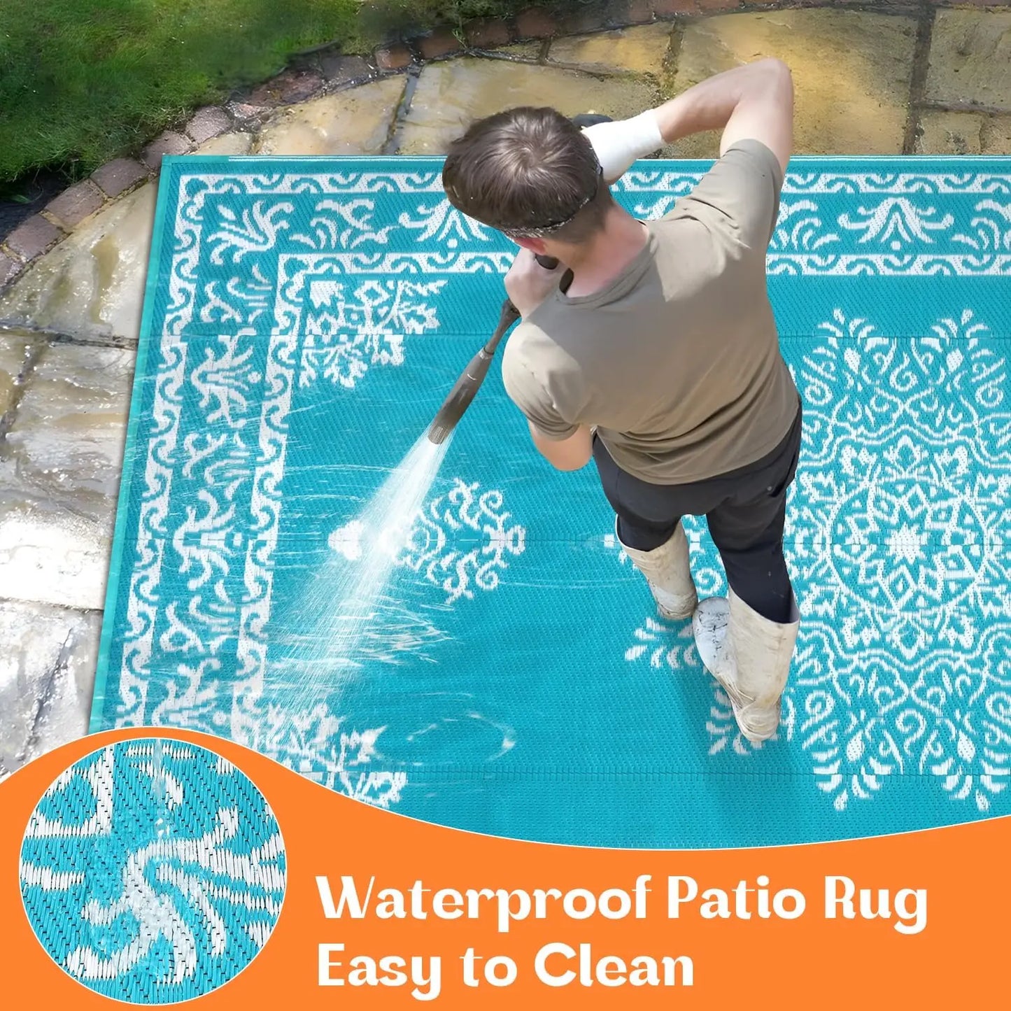 8x10 Ft Waterproof Reversible Outdoor Rug, UV Resistant Portable Mat for Patio Deck Balcony RV Camping