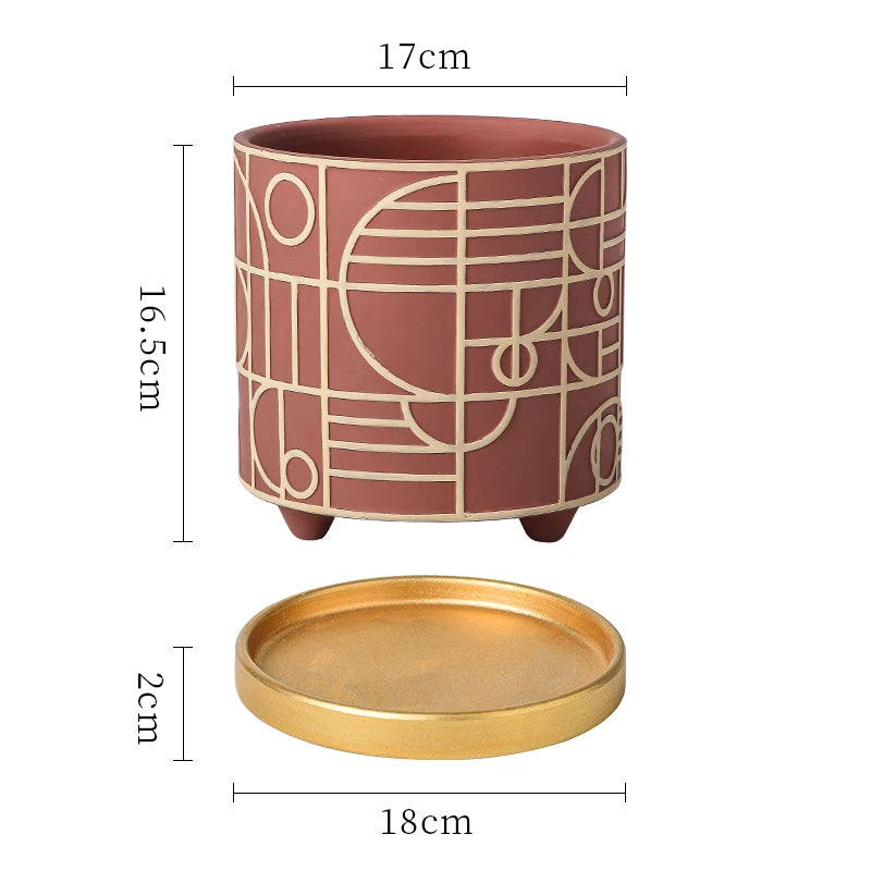Simple Cylindrical Ceramic Flower Pot Succulent Plant Potted Garden Decoration Interior Countertop Flower Pot with Golden Tray