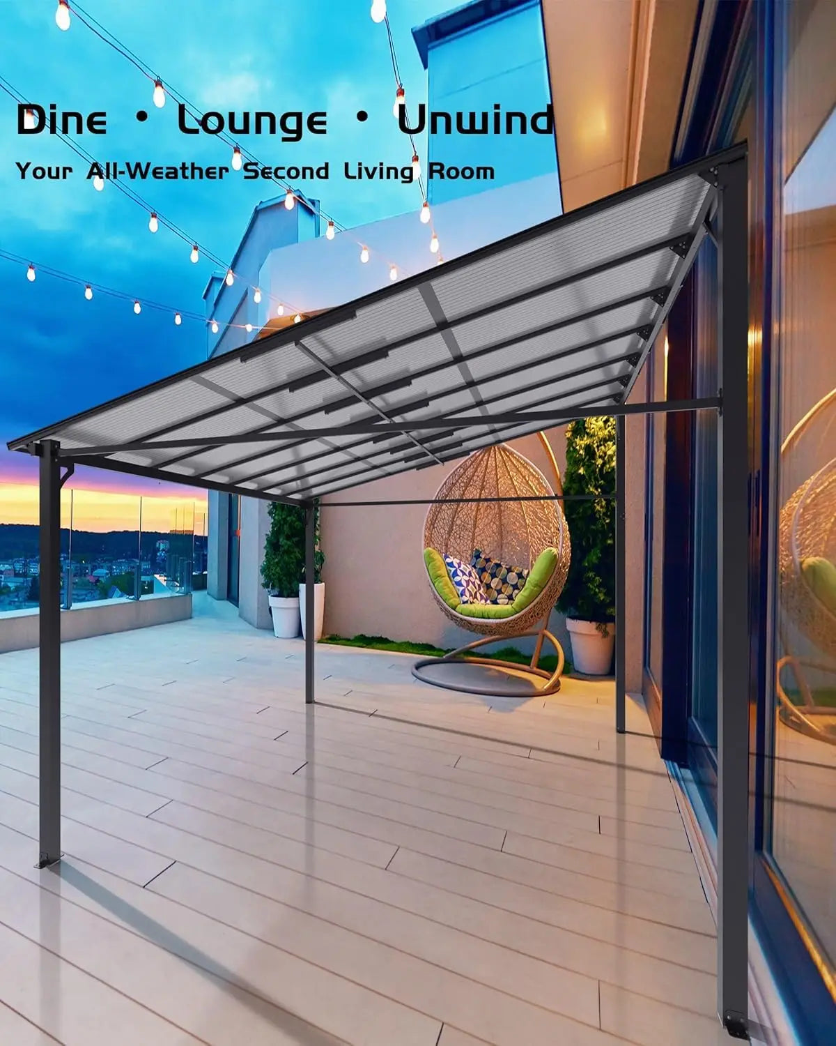 14x12 Hard Top Patio Gazebo Pergola Aluminum Frame Polycarbonate Roof UV-Resistant Wall-Mounted Large Deck Yard Party, Custom